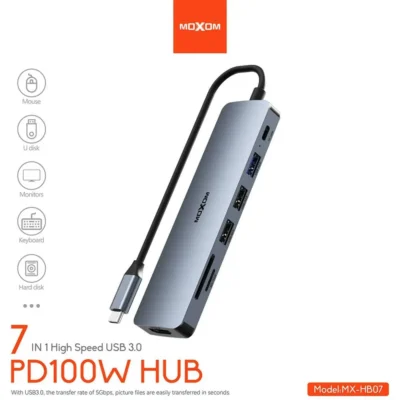 هاب USB 3.0 PD 100W + HDMI READERE مدل MOXOM MX-HB07