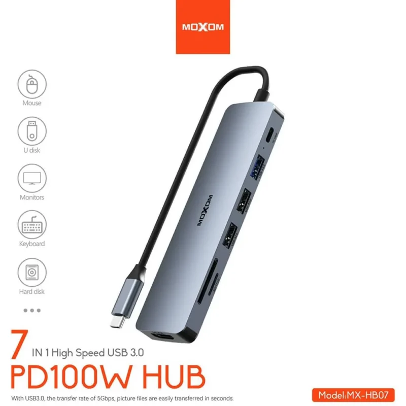 هاب USB 3.0 PD 100W + HDMI READERE مدل MOXOM MX-HB07