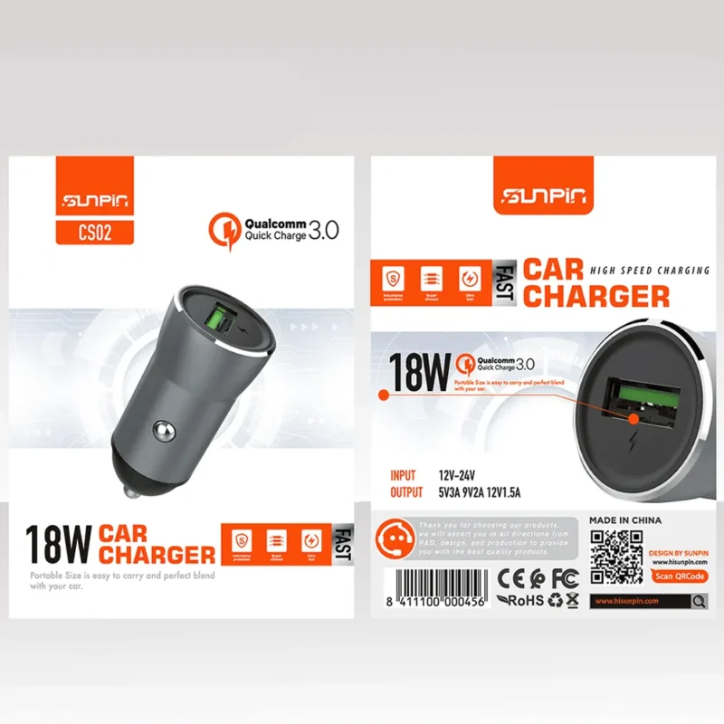 شارژر فندکی فست شارژ SUNPIN CS-02 18W + کابل Type-C